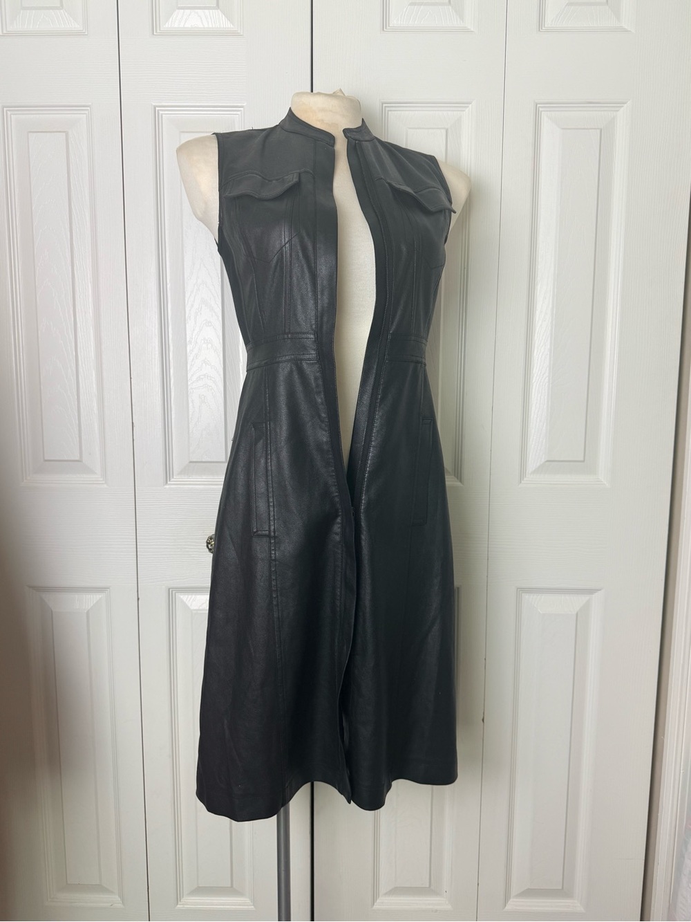 Sleeveless Black Leather Midi Vest Dress